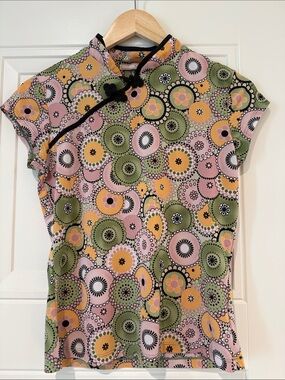 Floral Print Mandarin Collar Cap-Sleeve Top - Pink/Green/Yellow